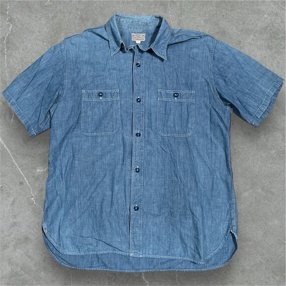 Buzz Ricksons Blue Chambray Work Shirt Size 17-17 1/2 Short Sleeve Made in Japan - Picture 1 of 9